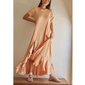 Free People Beach Maxi Dress Havana Tee Ruffle Hem Side Sweep Orange S 241
